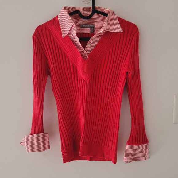 Red Ribbed Sweater with Striped Collar and Cuffs - Picture 1 of 3